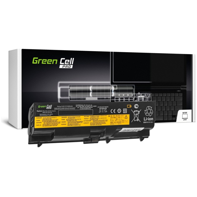 Opomba:Ta baterija ni primerna za modele Lenovo Thinkpad L430, L530, T430, T430I, T530, T530I, W530 in W530I.Opis:Nadomestna baterija je izdelana po zasnovi in tehnologiji proizvajalca Green Cell, kar zagotavlja odlično kvalitetoNajsodobnejša tehnologija omogoča veliko ciklov polnjenja in praznjenjaLi-Ion celice so prijazne okolju, obenem pa zagotavljajo delovanje brez spominskega učinkaTermično stikalo ščiti baterijske celice pred pregrevanjem, prenapolnitvijo in kratkim stikomVisoka kapaciteta baterije, podaljšan čas delovanja pri mirovanju naprave, zelo počasno samopraznjenje100% kompatibilnost z originalno baterijoBaterijo polnimo z originalnim ali nadomestnim polnilcemCertifikati CE in ROHSOriginalne oznake:0A363020A3630340Y762542T423542T470242T470442T470642T470842T470942T471042T471142T471242T471342T471442T471542T473142T473342T473542T473742T475142T475242T475342T475442T475542T476342T476542T479042T479142T479342T479542T479742T479842T479942T480142T480242T480342T481742T481942T488342T488542T491142T491242T492342T492642T492745N100145N100545N100745N101345N101551J049851J049951J050057Y418557Y418657Y4545Primerno za:Lenovo Thinkpad:Ta baterija ni primerna za modele Lenovo Thinkpad L430, L530, T430, T430I, T530, T530I, W530 in W530I.L410, L412, L420, L421, L510, L512, L520, SL410, SL410 2842, SL410 2874, SL410k 2842, SL510, SL510 2847, SL510 2875, T410, T410i, T420, T420i,  T510, T510i, T520, T520i, W510, W520, Edge 0578-47B, Edge 05787VJ, Edge 05787WJ, Edge 05787XJ, Edge E420, Edge E425, Edge E520, Edge E525, E40 (14"), E50 (14"), E420 (15"), E520 (15")Lastnosti:Proizvajalec: Green CellBarva: črnaVrsta: Li-IonNapetost: 10,8 VKapaciteta: 5.200 mAh (56 Wh)Število celic: 6