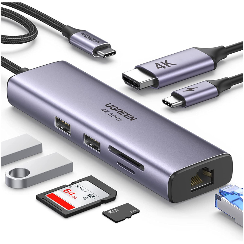 Ugreen 7v1 USB-C HUB HDMI+RJ45+čitalec kartic+USB+PD 100W