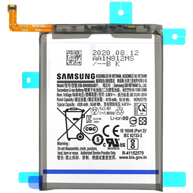 Opis:Originalna baterija proizvajalca SamsungNajsodobnejša tehnologija omogoča veliko ciklov polnjenja in praznjenjaLi-Polymer celice so prijazne okolju, obenem pa zagotavljajo delovanje brez spominskega učinkaTermično stikalo ščiti baterijske celice pred pregrevanjem, prenapolnitvijo in kratkim stikomVisoka kapaciteta baterije, podaljšan čas delovanja pri mirovanju naprave, zelo počasno samopraznjenjeBaterijo polnimo z originalnim ali nadomestnim polnilcemCertifikati CE in ROHSOriginalne oznake:EB-BN980ABYGH82-23496APrimerno za:Samsung:Galaxy Note 20, Galaxy Note 20 5G, SM-N980F, SM-N980F/DS, SM-N980U, SM-N980U1, SM-N980W, SM-N9800, SM-N981F, SM-N981F/DS, SM-N981U, SM-N981U1, SM-N981WLastnosti:Proizvajalec: SamsungVrsta: Li-PolymerNapetost: 3,87 VKapaciteta: 4.300 mAh (16,69 Wh)