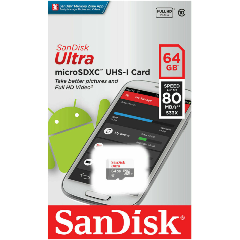 SanDisk 64GB Ultra microSDXC 100MB/s Class 10 UHS-I