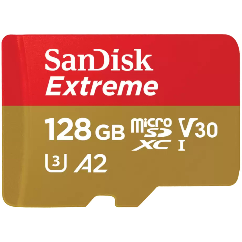 SanDisk Extreme microSDXC 128GB + SD Adapter 190MB/s & 90MB/s A2 C10 V30 UHS-I U3