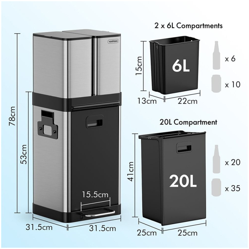 VonHaus trojni koš za odpadke iz nerjavečega jekla 32L - Image 2