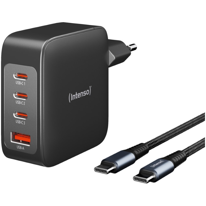 Intenso 140W GaN napajalnik s priključkom 3xUSB-C in 1xUSB-A ter priloženim 2M 200W USB-C kablom